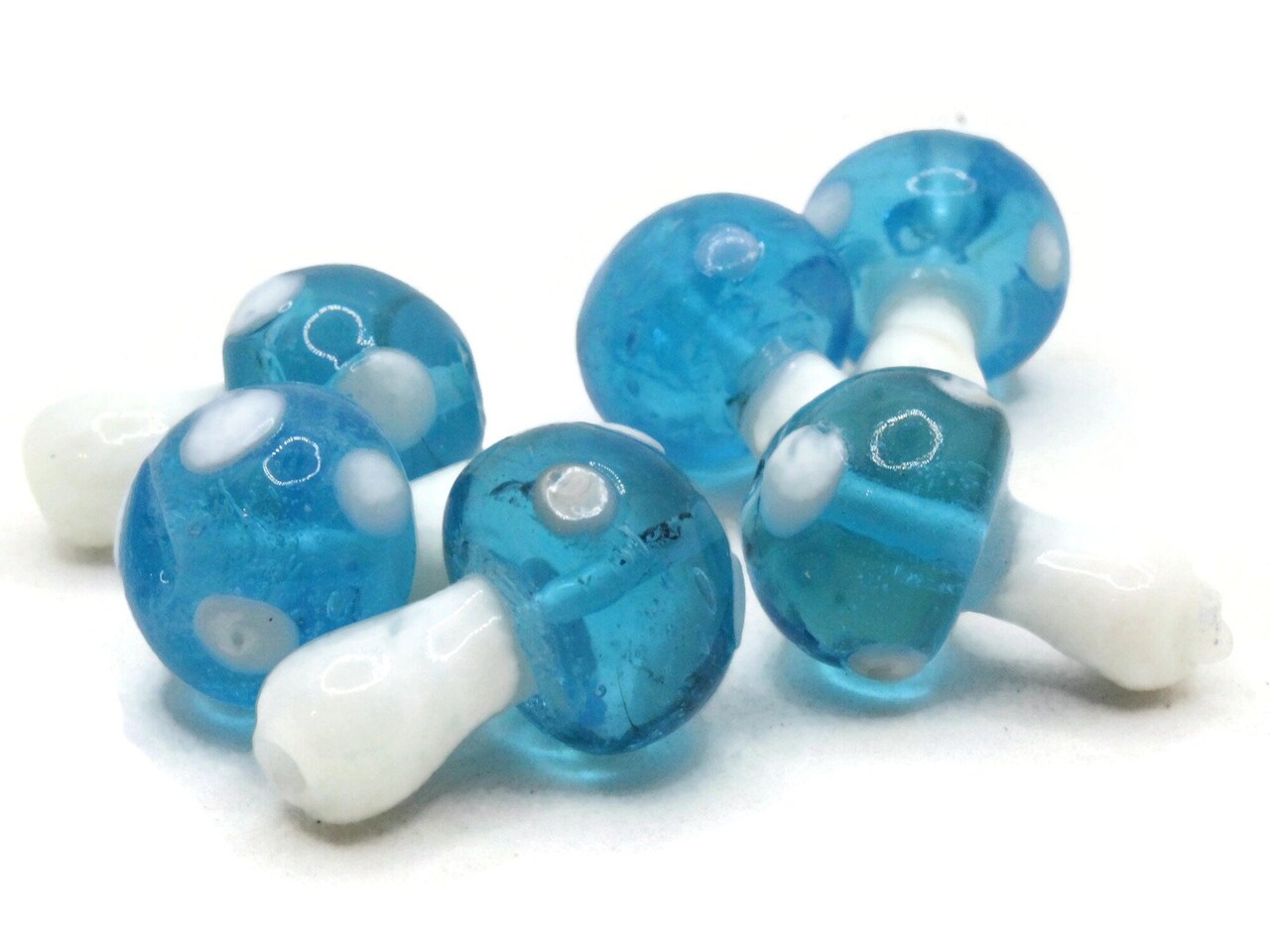 6 19mm Bright Sky Blue and White Polka Dot Mushroom Lampwork Glass Beads